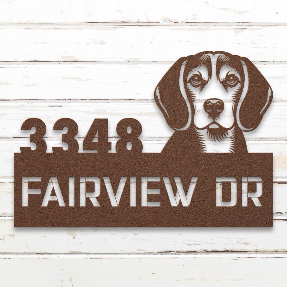 Roscoe & Charlie | Personalized Beagle Metal Address Sign | Custom Metal Address Sign with Beagle, house number, and street name. Made from American Steel.