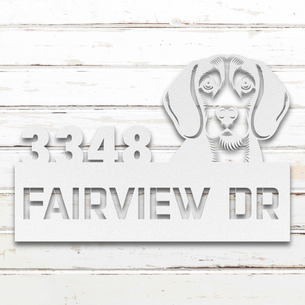 Roscoe & Charlie | Personalized Beagle Metal Address Sign | Custom Metal Address Sign with Beagle, house number, and street name. Made from American Steel.