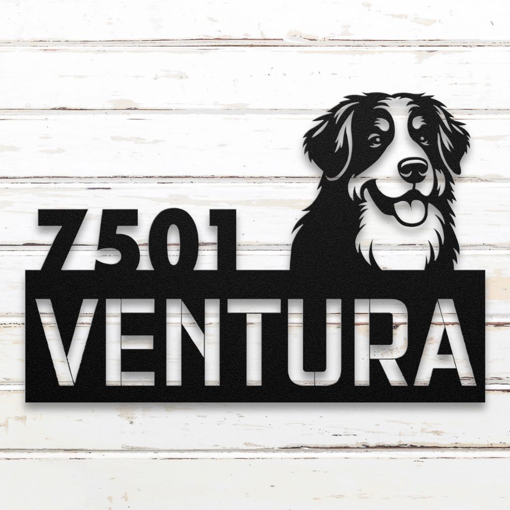 Roscoe & Charlie | Personalized Bernese Mountain Dog Metal Address Sign | Custom Metal Address Sign with Bernese Mountain Dog, house number, and street name. Made from American Steel.
