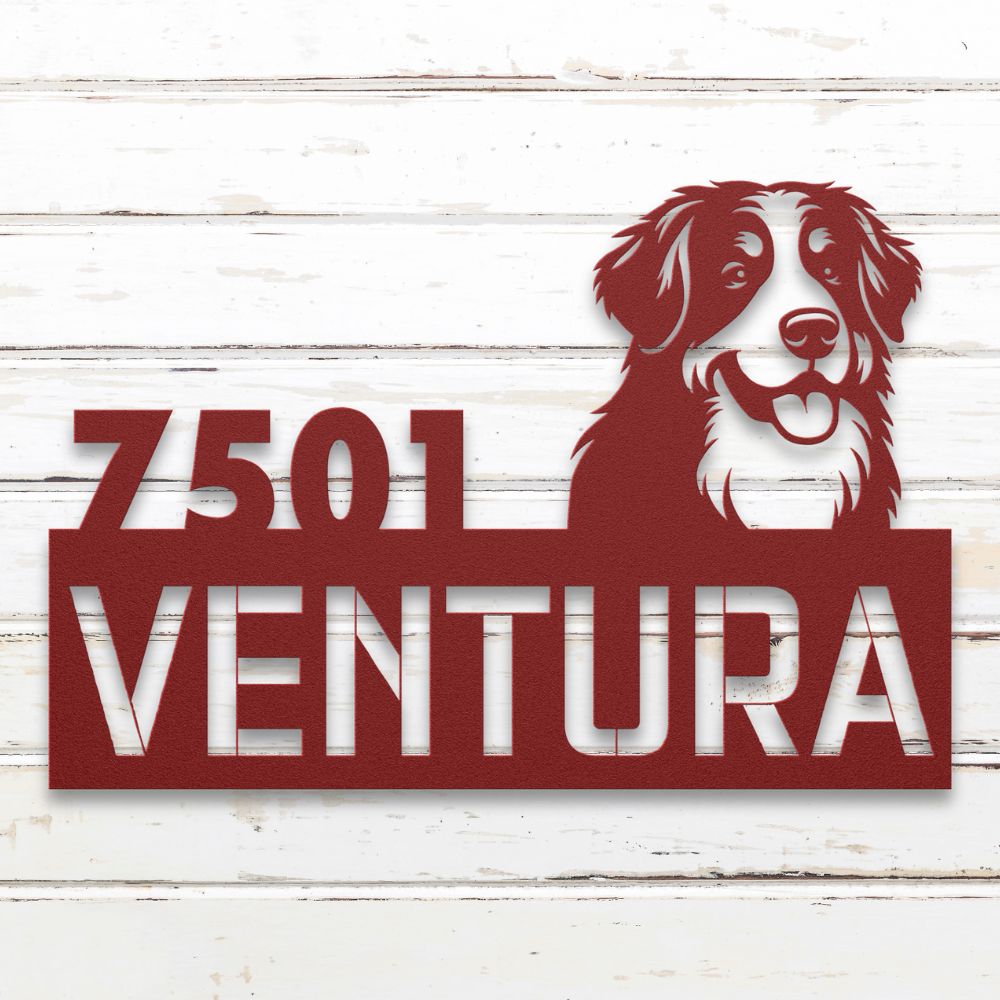Roscoe & Charlie | Personalized Bernese Mountain Dog Metal Address Sign | Custom Metal Address Sign with Bernese Mountain Dog, house number, and street name. Made from American Steel.