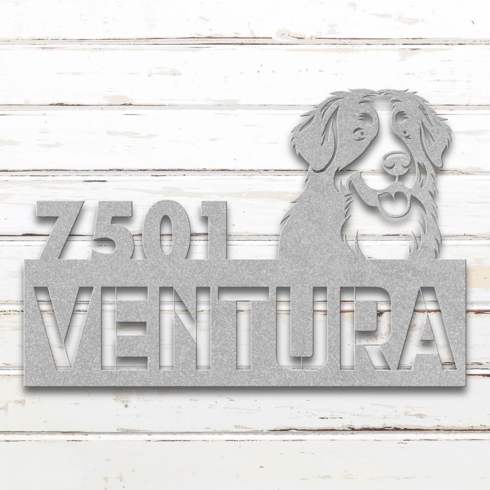 Roscoe & Charlie | Personalized Bernese Mountain Dog Metal Address Sign | Custom Metal Address Sign with Bernese Mountain Dog, house number, and street name. Made from American Steel.