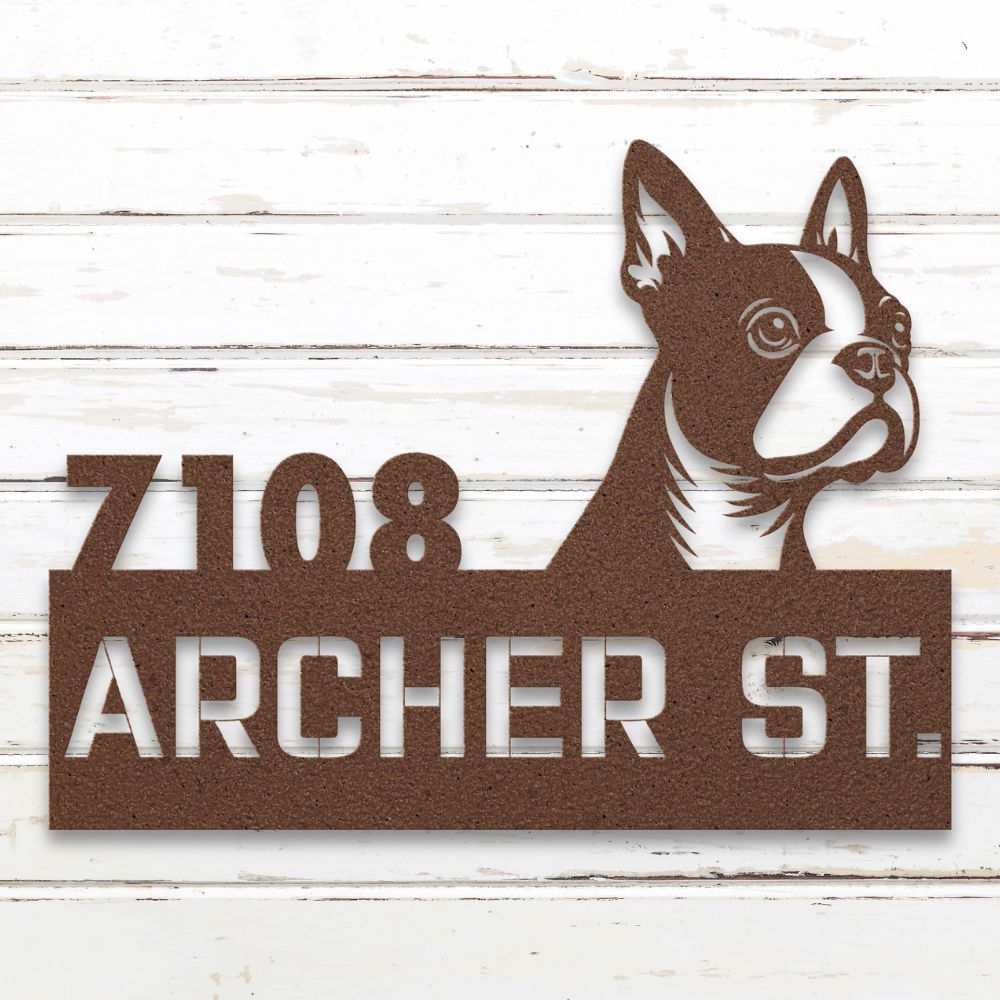 Roscoe & Charlie | Personalized Boston Terrier Metal Address Sign | Custom Metal Address Sign with Boston Terrier, house number, and street name. Made from American Steel.