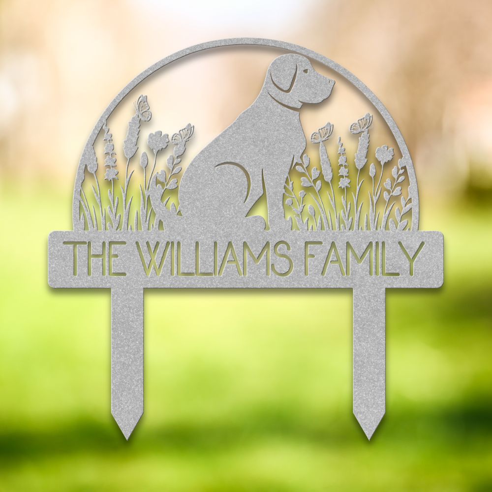 Personalized silver metal yard stake featuring a sitting dog silhouette, wildflowers, butterflies, and custom family name 'The Williams Family' – decorative garden sign for dog lovers.