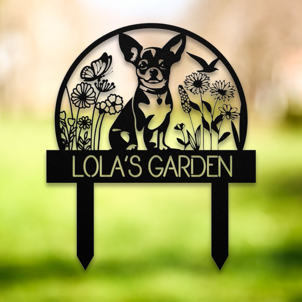 Personalized black metal dog garden yard stake with floral design, butterflies, and custom text reading 'Lola’s Garden' – decorative outdoor sign for dog lovers.