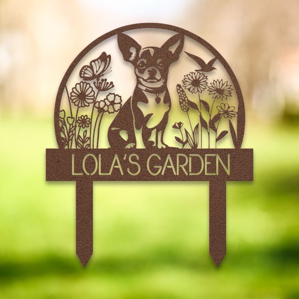 Personalized copper metal dog garden yard stake with floral design, butterflies, and custom text reading 'Lola’s Garden' – decorative outdoor sign for dog lovers.