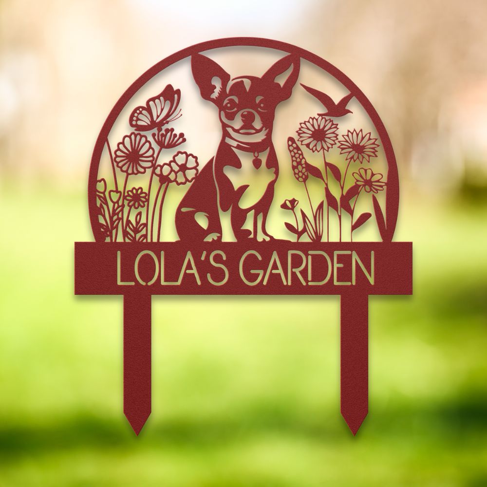 Personalized red metal dog garden yard stake with floral design, butterflies, and custom text reading 'Lola’s Garden' – decorative outdoor sign for dog lovers.