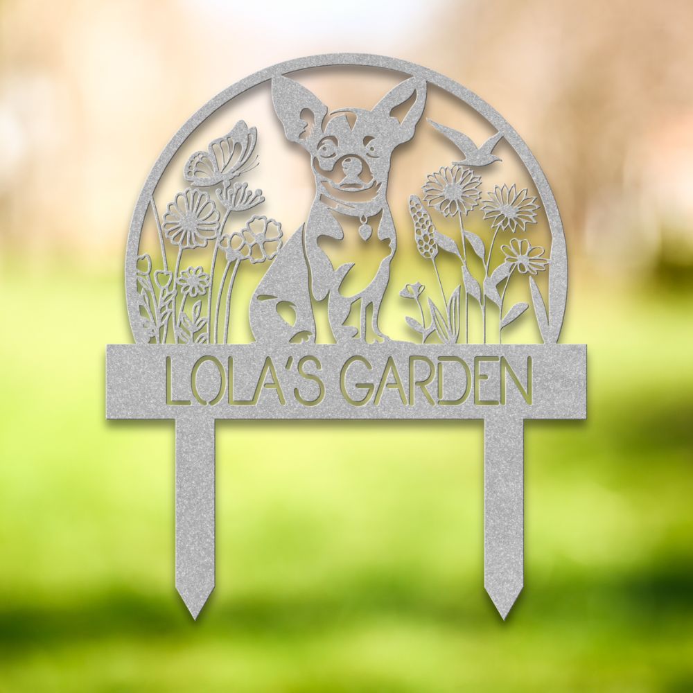 Personalized silver metal dog garden yard stake with floral design, butterflies, and custom text reading 'Lola’s Garden' – decorative outdoor sign for dog lovers.