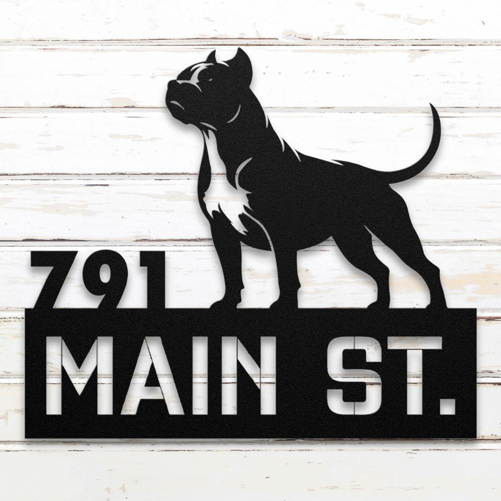 Roscoe & Charlie | Personalized Pit Bull Metal Address Sign | Custom Metal Address Sign with Pit Bull Terrier, house number, and street name. Made from American Steel.