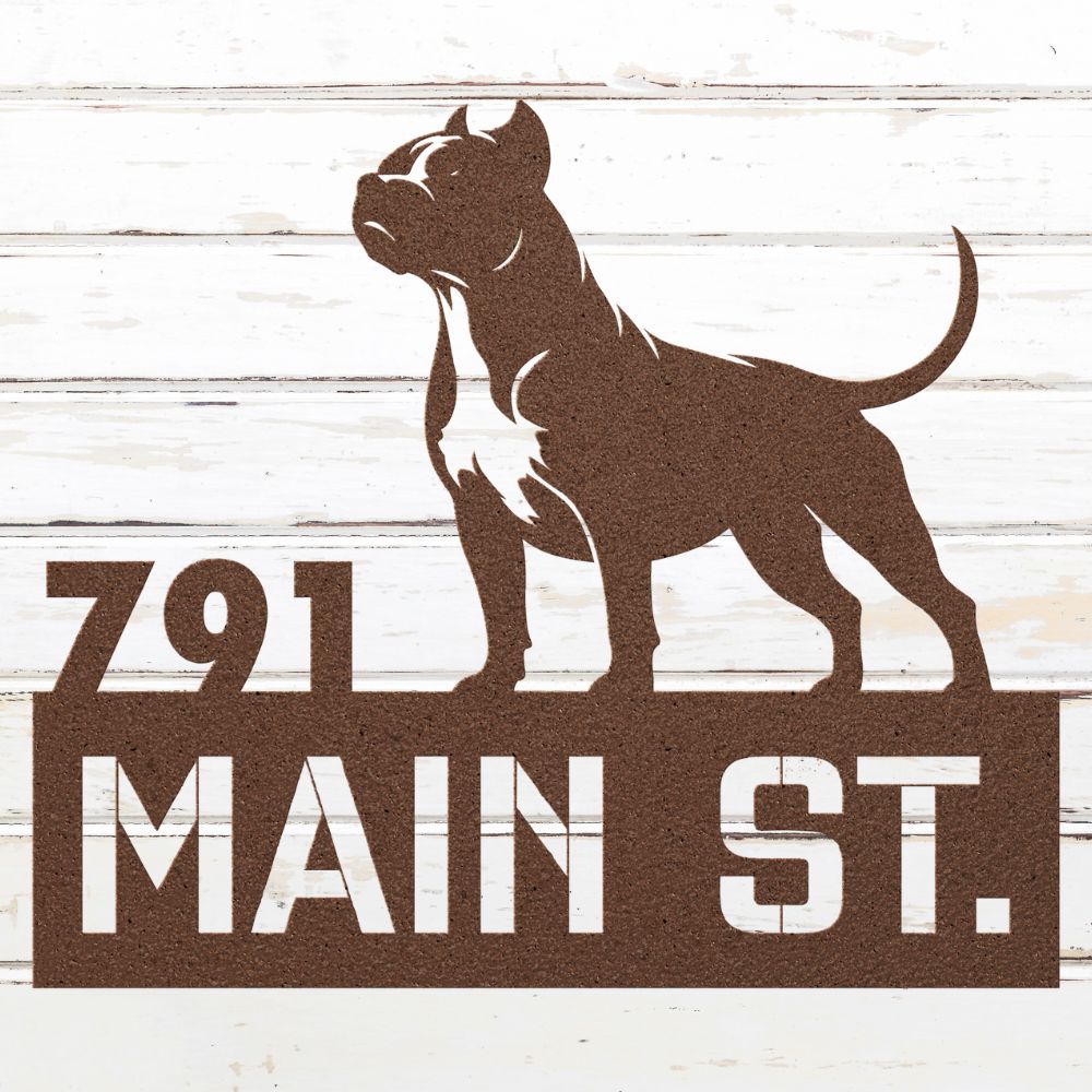 Roscoe & Charlie | Personalized Pit Bull Metal Address Sign | Custom Metal Address Sign with Pit Bull Terrier, house number, and street name. Made from American Steel.
