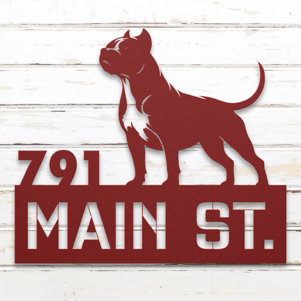 Roscoe & Charlie | Personalized Pit Bull Metal Address Sign | Custom Metal Address Sign with Pit Bull Terrier, house number, and street name. Made from American Steel.