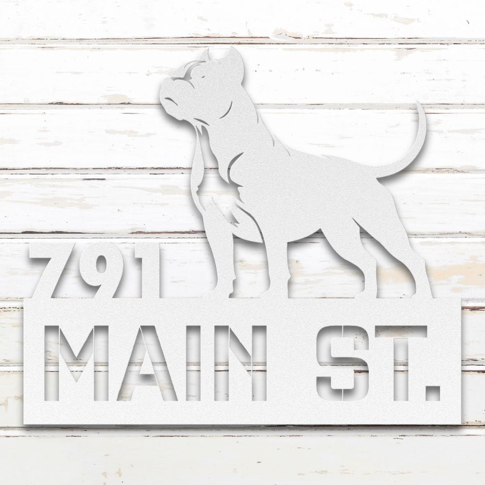 Roscoe & Charlie | Personalized Pit Bull Metal Address Sign | Custom Metal Address Sign with Pit Bull Terrier, house number, and street name. Made from American Steel.