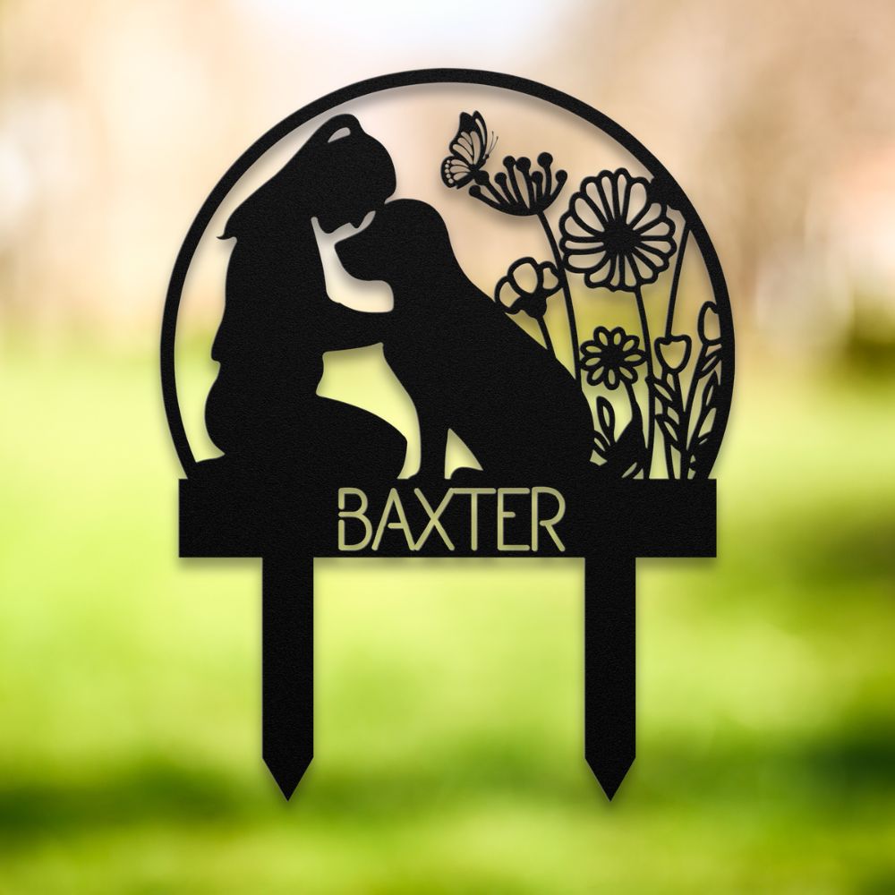 Personalized dog memorial garden sign – custom black metal yard stake with girl and dog silhouette, wildflowers, butterflies, and pet name 'Baxter' – thoughtful outdoor decor gift for dog lovers.