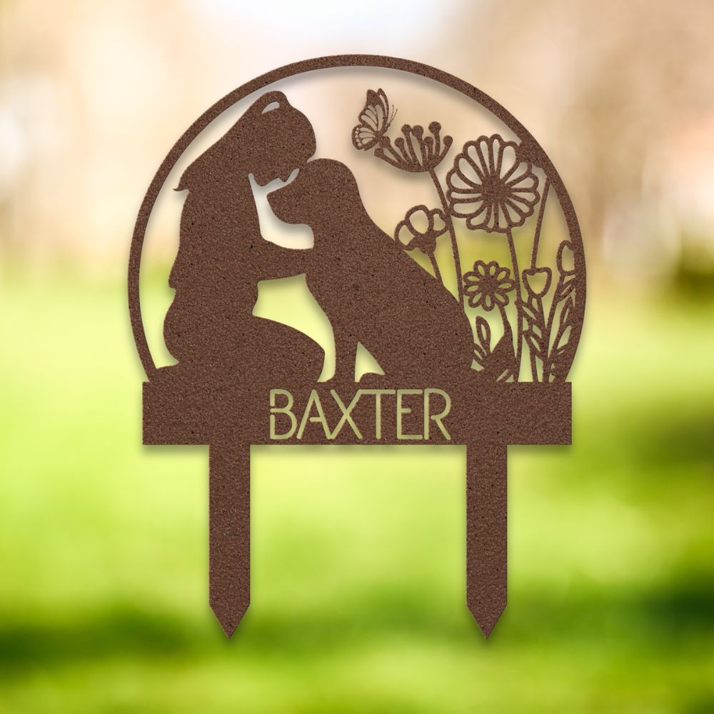 Personalized dog memorial garden sign – custom copper metal yard stake with girl and dog silhouette, wildflowers, butterflies, and pet name 'Baxter' – thoughtful outdoor decor gift for dog lovers.