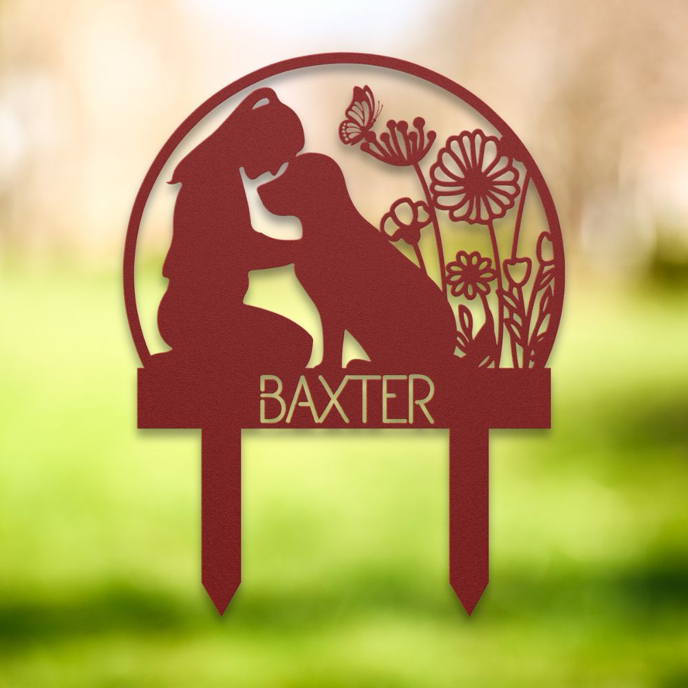 Personalized dog memorial garden sign – custom red metal yard stake with girl and dog silhouette, wildflowers, butterflies, and pet name 'Baxter' – thoughtful outdoor decor gift for dog lovers.