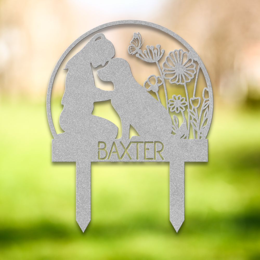 Personalized dog memorial garden sign – custom silver metal yard stake with girl and dog silhouette, wildflowers, butterflies, and pet name 'Baxter' – thoughtful outdoor decor gift for dog lovers.
