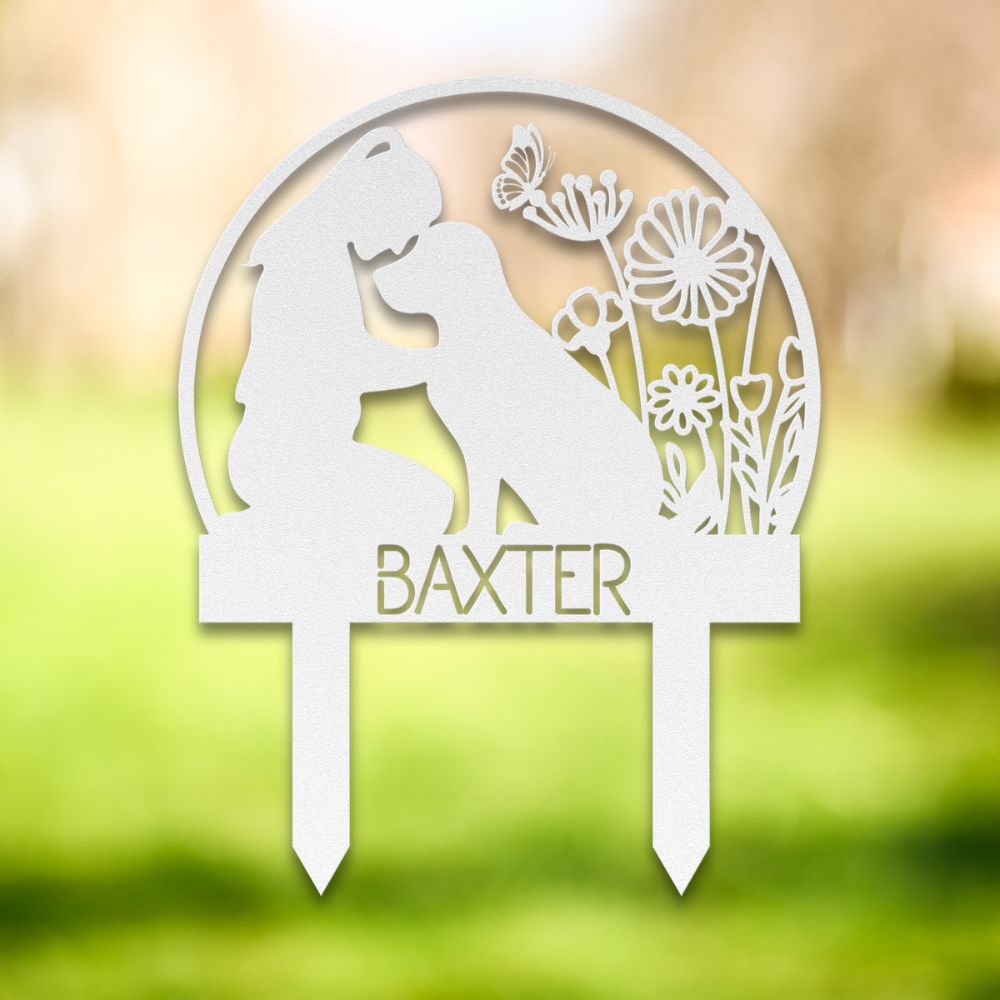 Personalized dog memorial garden sign – custom white metal yard stake with girl and dog silhouette, wildflowers, butterflies, and pet name 'Baxter' – thoughtful outdoor decor gift for dog lovers.