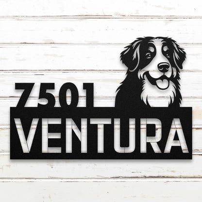 Roscoe & Charlie | Personalized Bernese Mountain Dog Metal Address Sign | Custom Metal Address Sign with Bernese Mountain Dog, house number, and street name. Made from American Steel.
