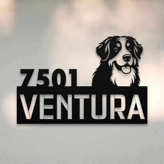 Bernese Mountain Dog Metal Address Sign (Black) | Shop Dog Wall Art & Gifts for Dog Lovers | Roscoe & Charlie