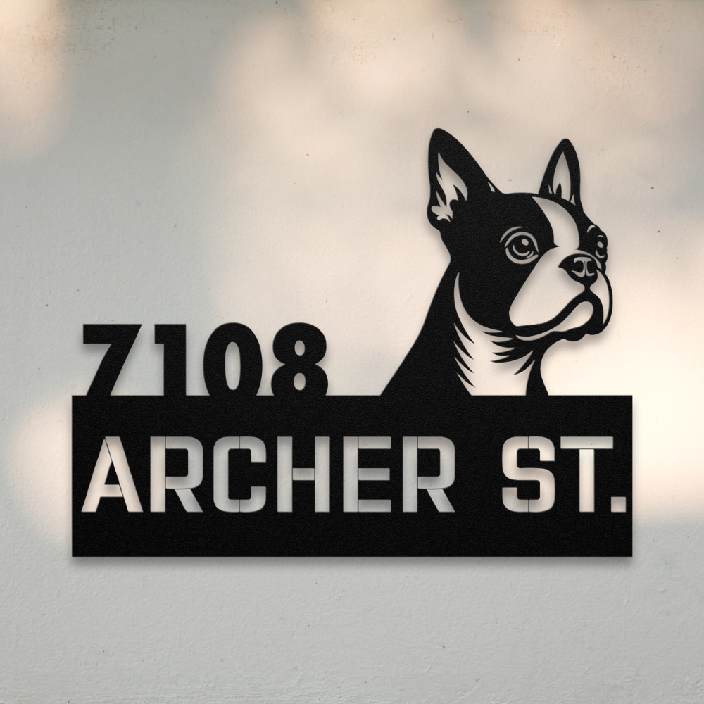 Boston Terrier Metal Address Sign (Black) | Shop Dog Wall Art & Gifts for Dog Lovers | Roscoe & Charlie