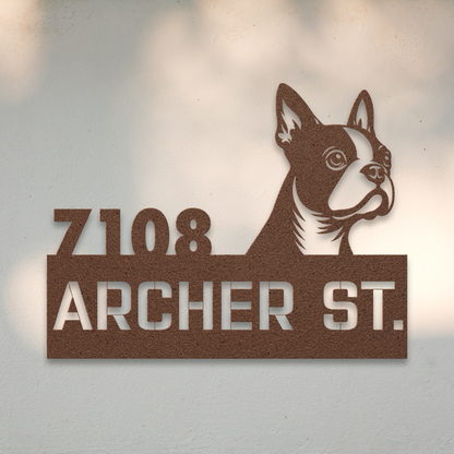 Boston Terrier Metal Address Sign (Copper) | Shop Dog Wall Art & Gifts for Dog Lovers | Roscoe & Charlie