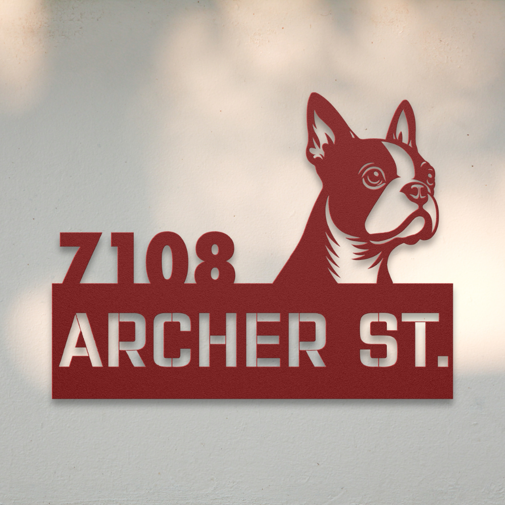 Boston Terrier Metal Address Sign (Red) | Shop Dog Wall Art & Gifts for Dog Lovers | Roscoe & Charlie