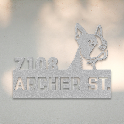 Boston Terrier Metal Address Sign (Silver) | Shop Dog Wall Art & Gifts for Dog Lovers | Roscoe & Charlie