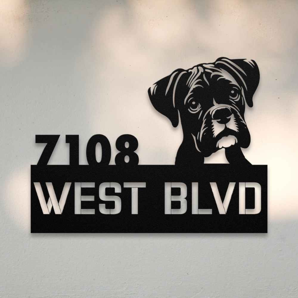 Boxer Metal Address Sign (Black) | Shop Dog Wall Art & Gifts for Dog Lovers | Roscoe & Charlie