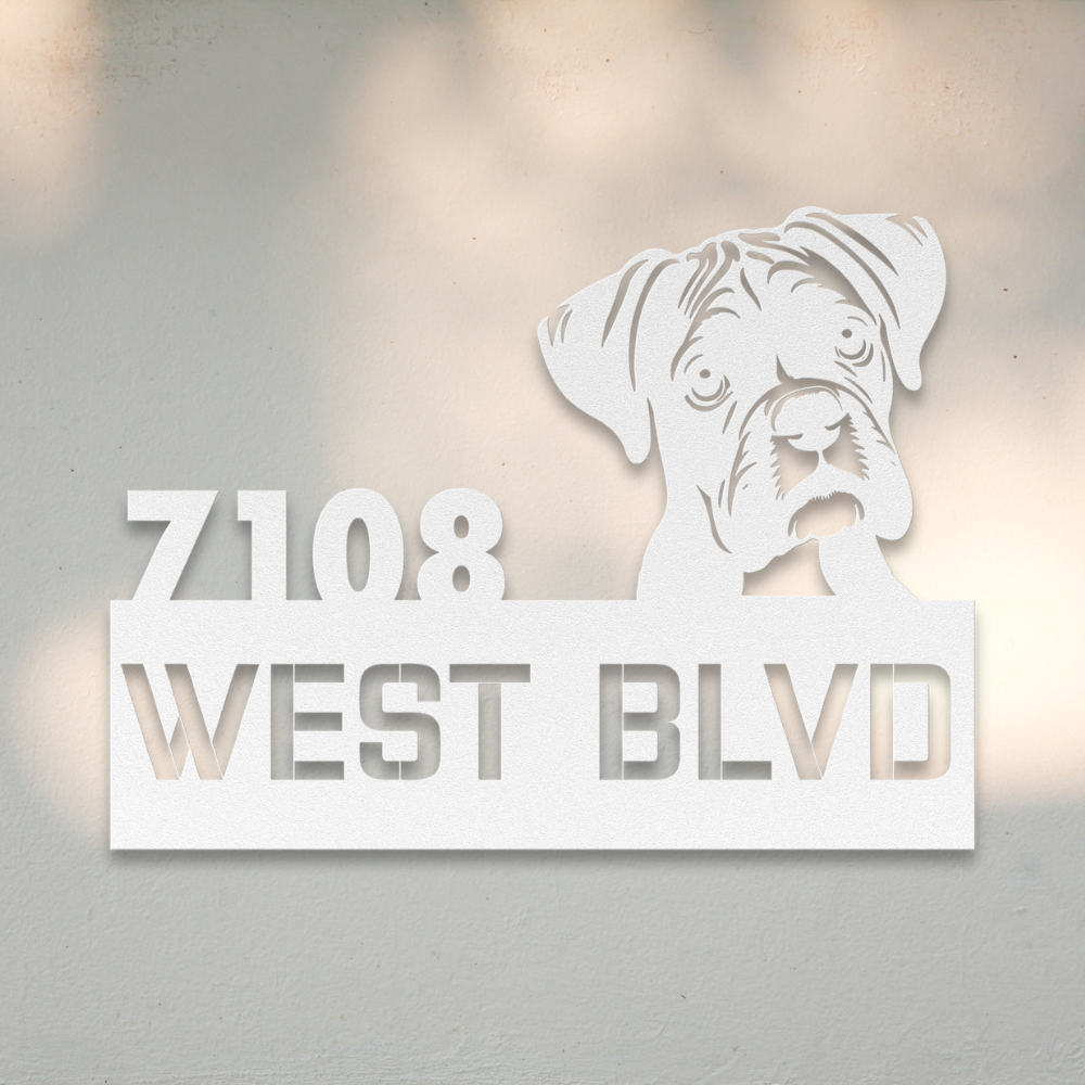 Boxer Metal Address Sign (White) | Shop Dog Wall Art & Gifts for Dog Lovers | Roscoe & Charlie