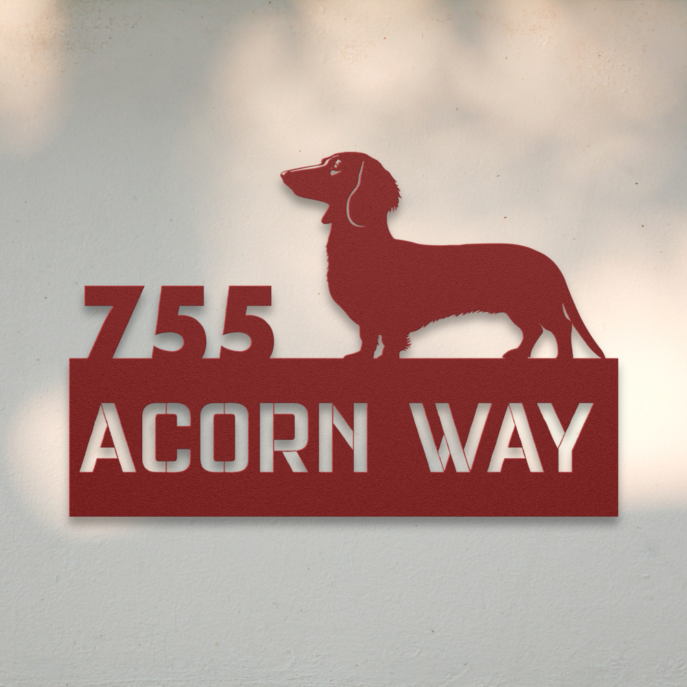 Dachshund Metal Address Sign (Red) | Shop Dog Wall Art & Gifts for Dog Lovers | Roscoe & Charlie