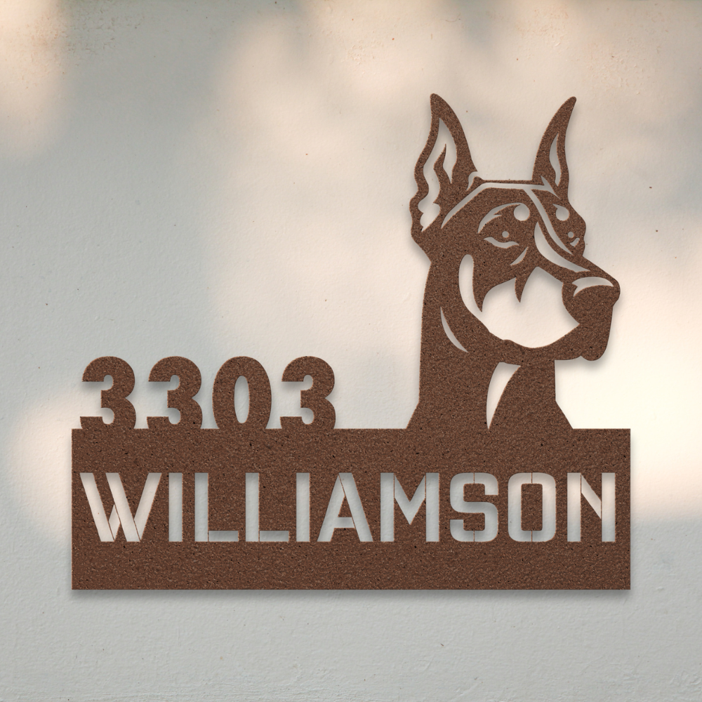 Doberman Pinscher Metal Address Sign (Copper) | Shop Dog Wall Art & Gifts for Dog Lovers | Roscoe & Charlie