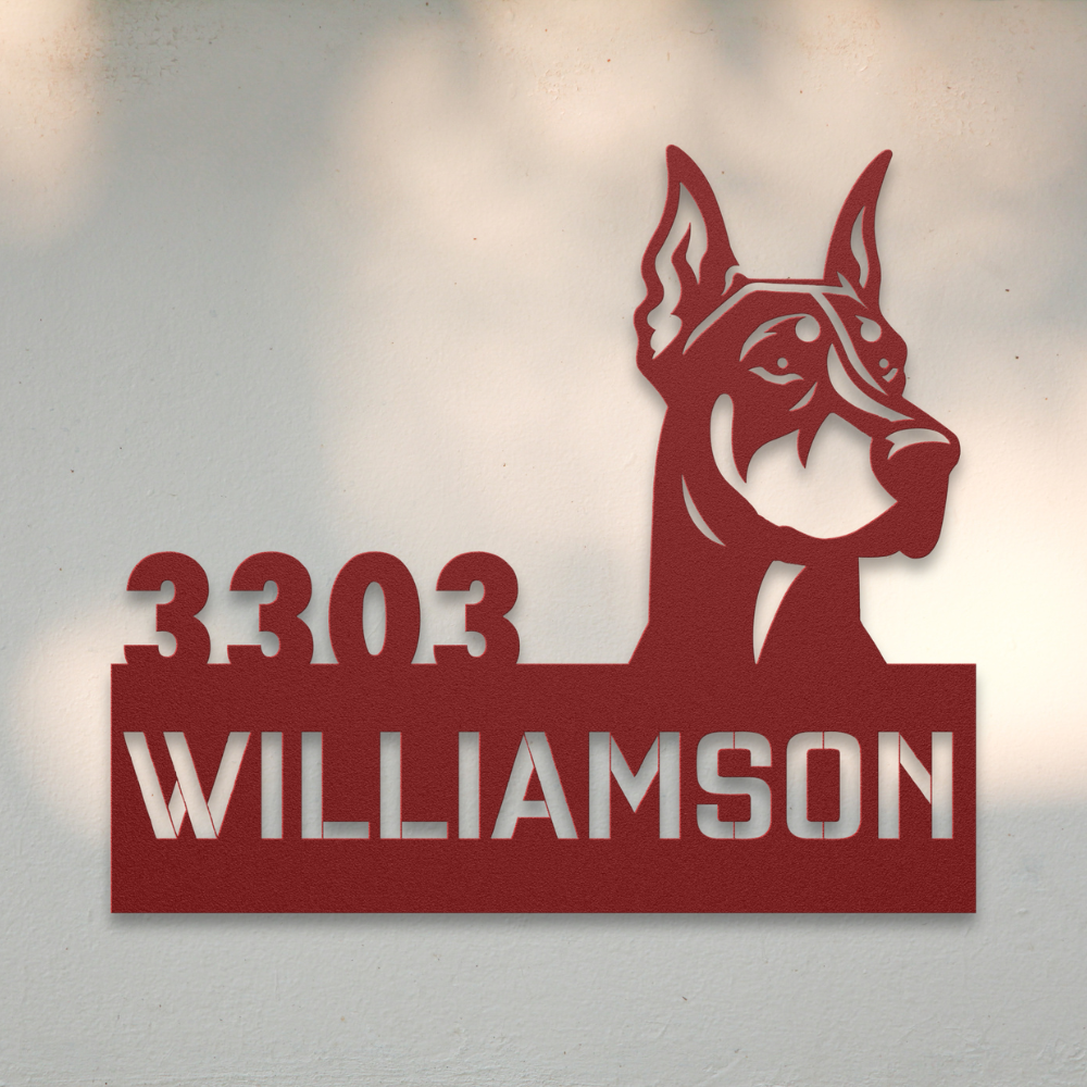 Doberman Pinscher Metal Address Sign (Red) | Shop Dog Wall Art & Gifts for Dog Lovers | Roscoe & Charlie