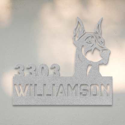 Doberman Pinscher Metal Address Sign (Silver) | Shop Dog Wall Art & Gifts for Dog Lovers | Roscoe & Charlie