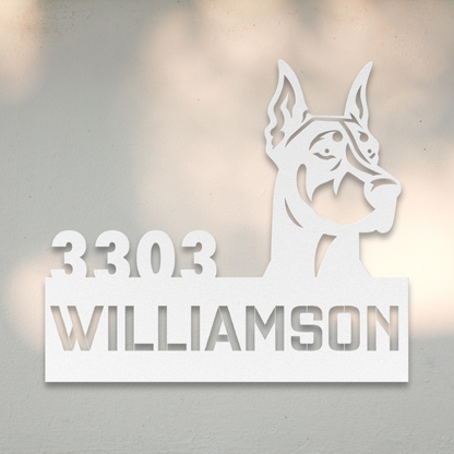 Doberman Pinscher Metal Address Sign (White) | Shop Dog Wall Art & Gifts for Dog Lovers | Roscoe & Charlie