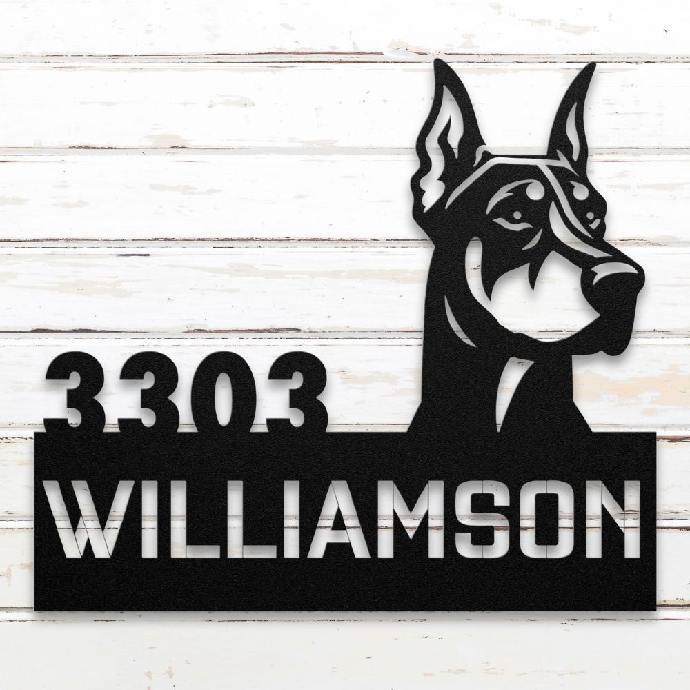 Roscoe & Charlie | Personalized Doberman Metal Address Sign | Custom Metal Address Sign with Doberman, house number, and street name. Made from American Steel.