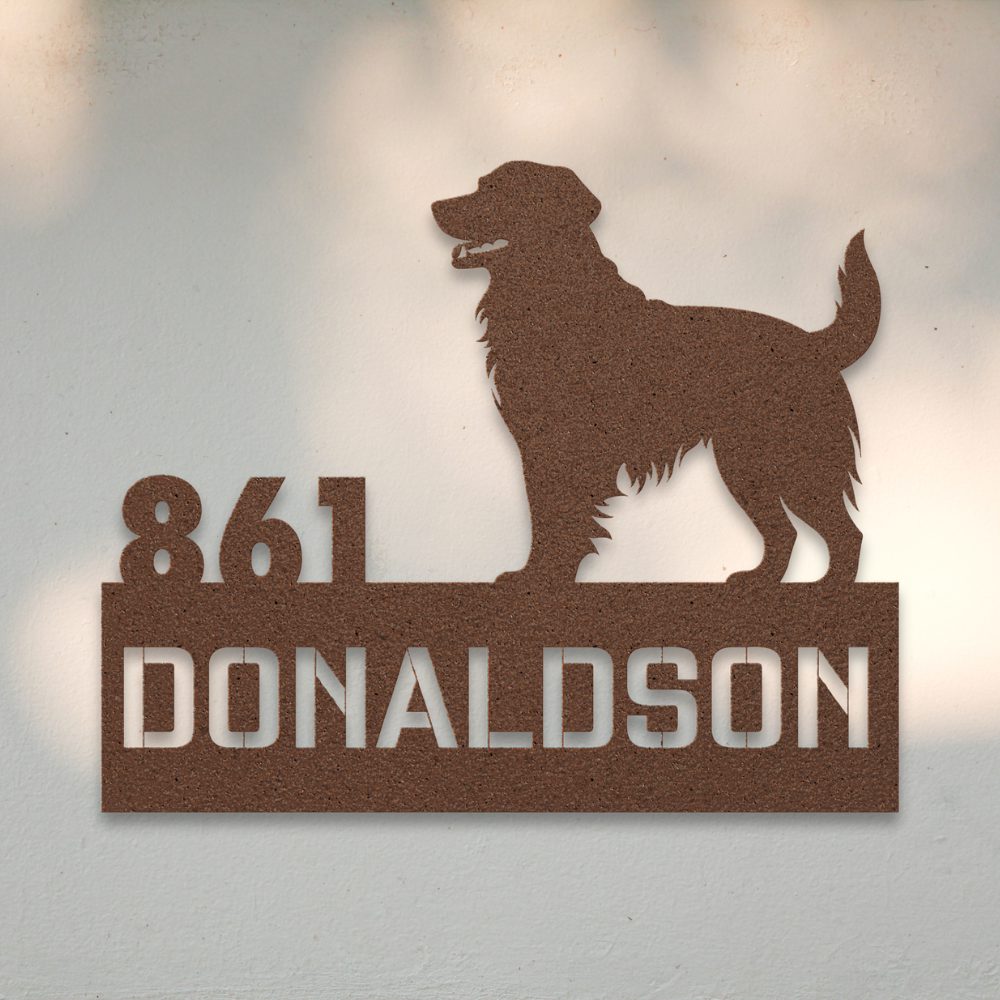 Golden Retriever Metal Address Sign (Copper) | Shop Dog Wall Art & Gifts for Dog Lovers | Roscoe & Charlie