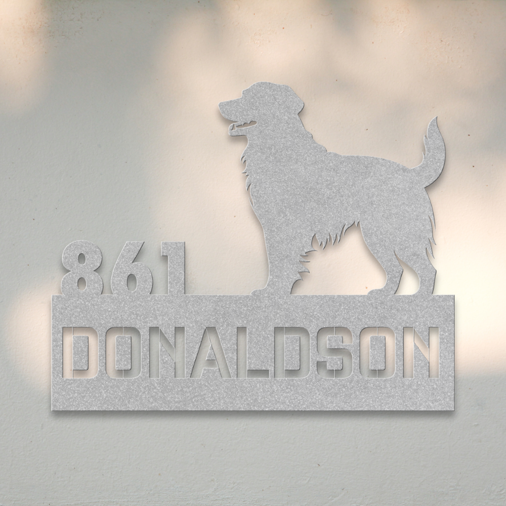 Golden Retriever Metal Address Sign (Silver) | Shop Dog Wall Art & Gifts for Dog Lovers | Roscoe & Charlie