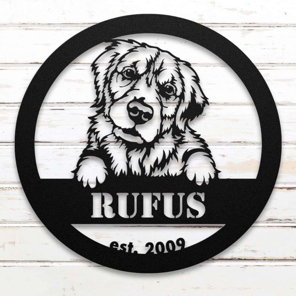 Roscoe & Charlie | Golden Retriever Metal Wall Art | Custom Dog Sign | Made in USA | High-Quality Steel | Multiple Finishes | Home Decor Gift