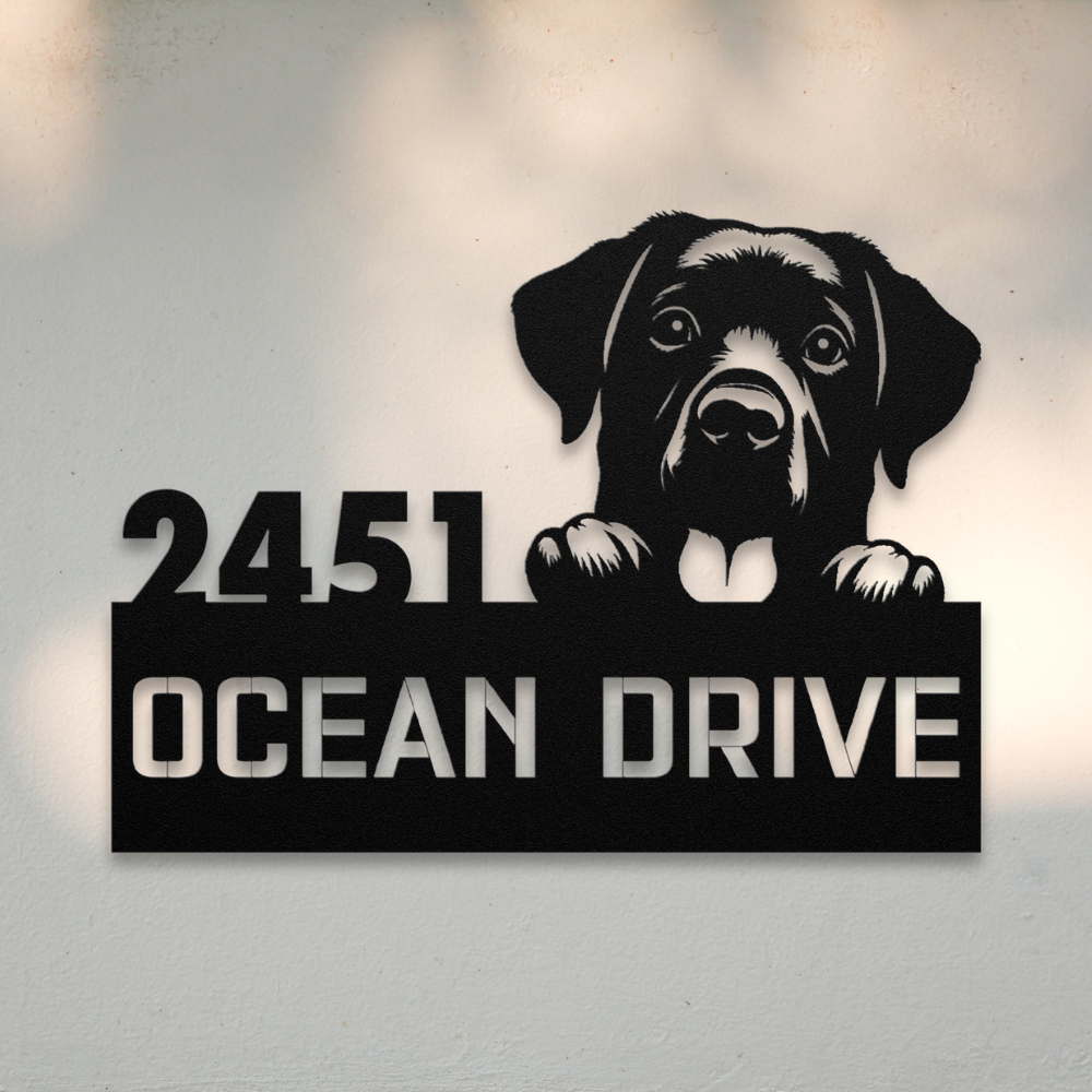 Labrador Retriever Metal Address Sign (Black) | Shop Dog Wall Art & Gifts for Dog Lovers | Roscoe & Charlie