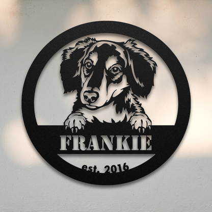 Long-Haired Dachshund (Black) | Shop Personalized Metal Dog Signs | Roscoe & Charlie