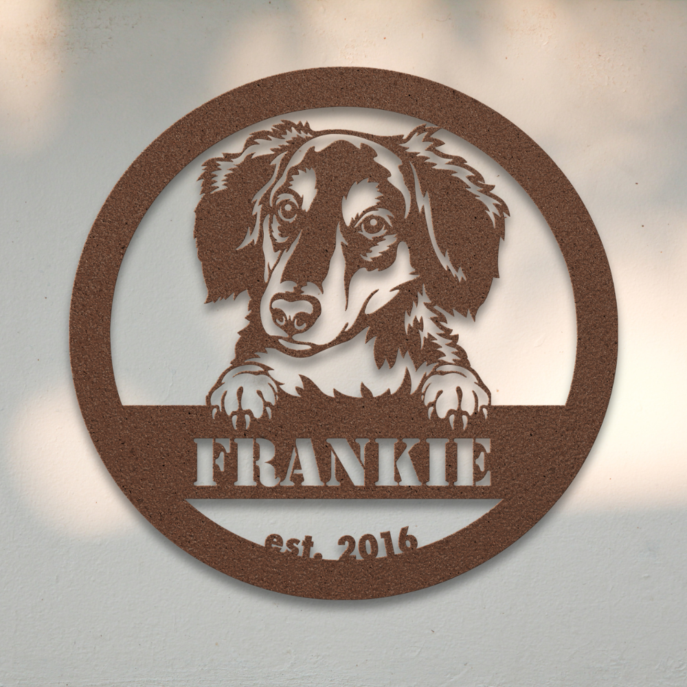 Long-Haired Dachshund (Copper) | Shop Personalized Metal Dog Signs | Roscoe & Charlie