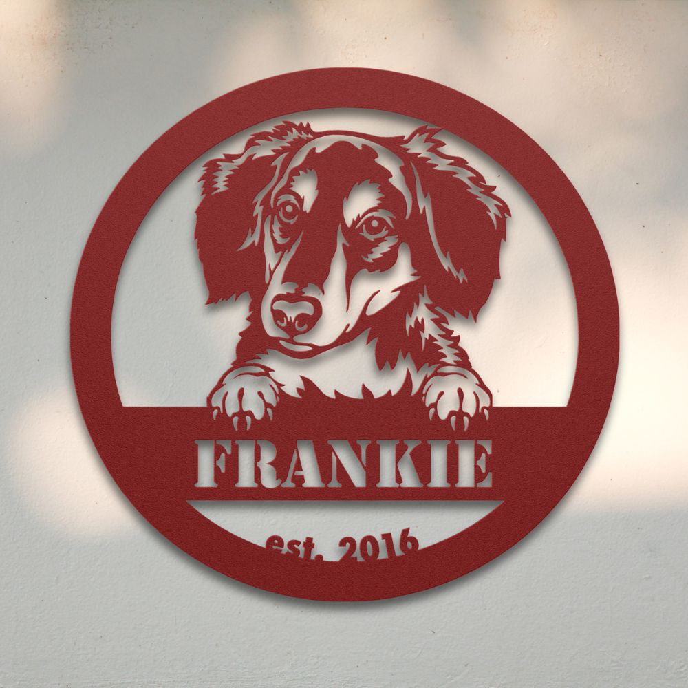 Long-Haired Dachshund (Red) | Shop Personalized Metal Dog Signs | Roscoe & Charlie