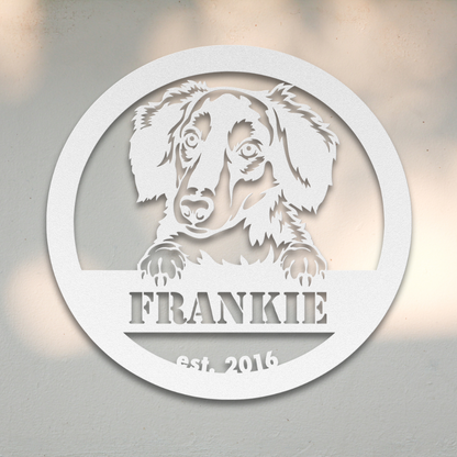 Long-Haired Dachshund (White) | Shop Personalized Metal Dog Signs | Roscoe & Charlie