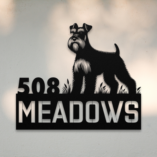 Miniature Schnauzer Metal Address Sign (Black) | Shop Dog Wall Art & Gifts for Dog Lovers | Roscoe & Charlie