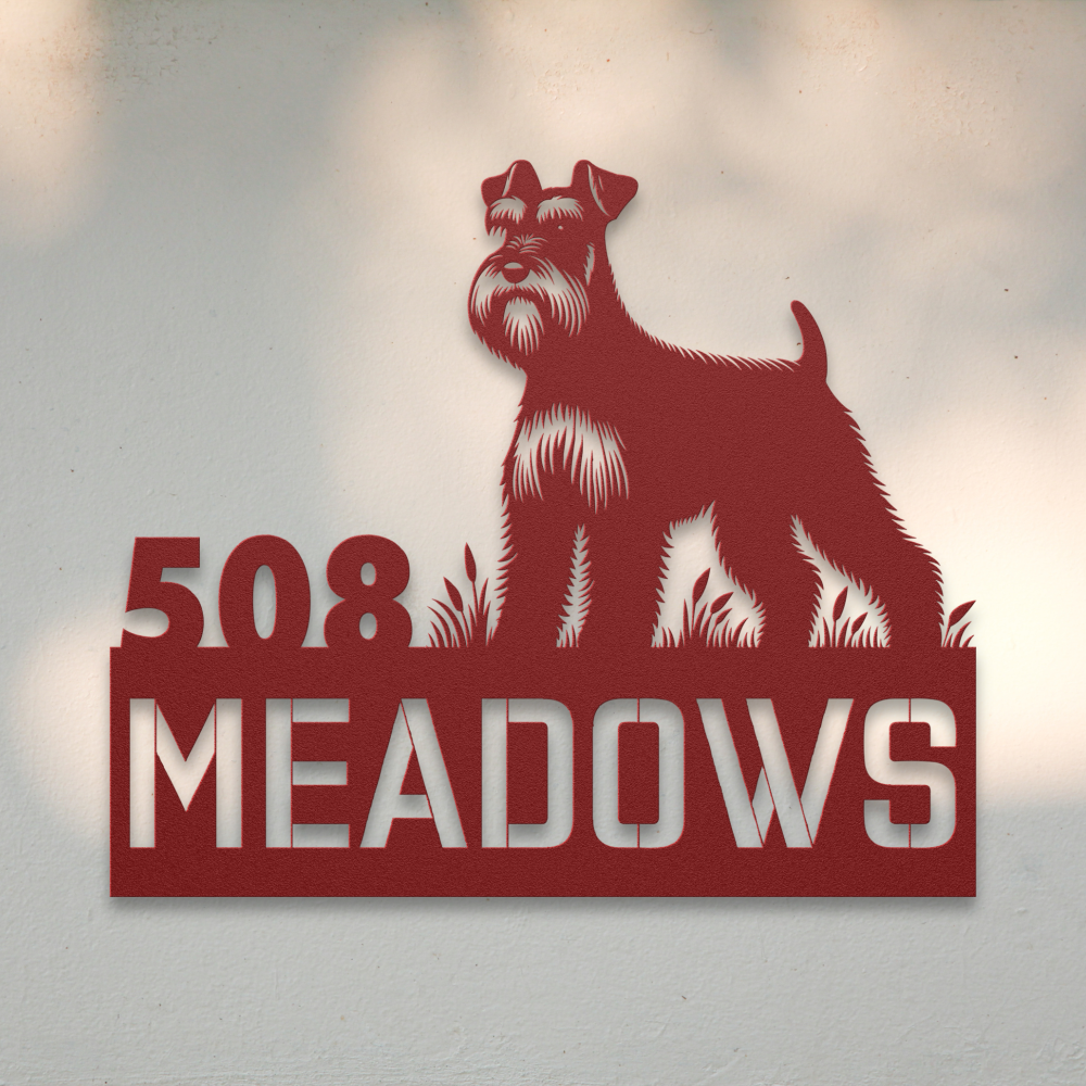 Miniature Schnauzer Metal Address Sign (Red) | Shop Dog Wall Art & Gifts for Dog Lovers | Roscoe & Charlie