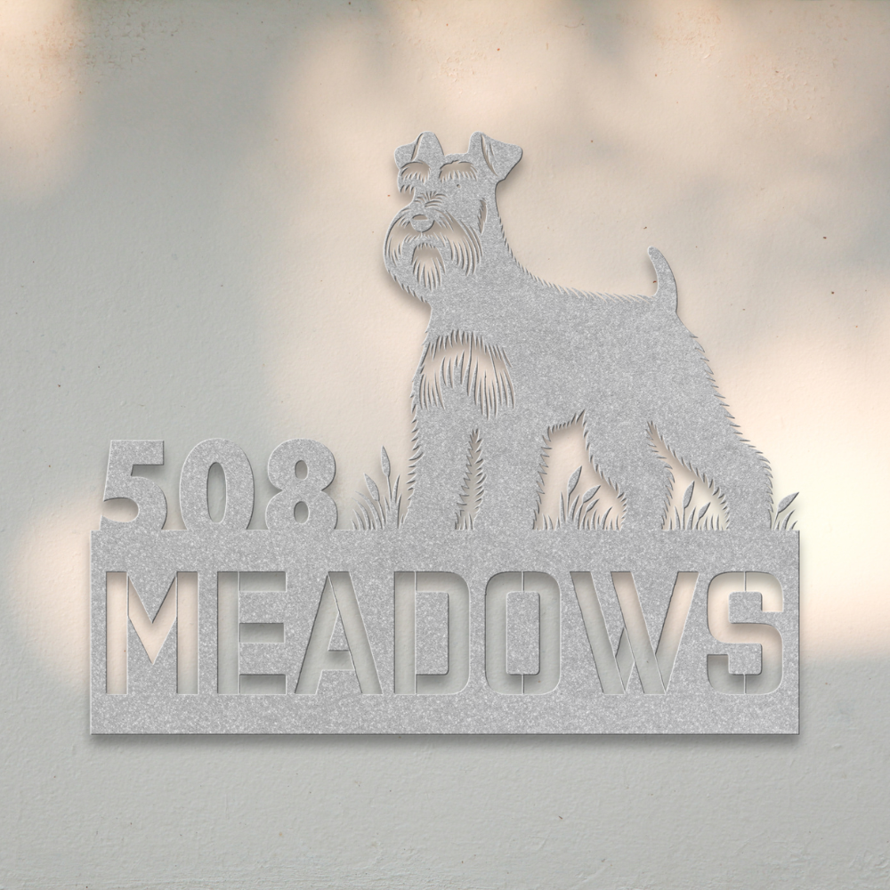 Miniature Schnauzer Metal Address Sign (Silver) | Shop Dog Wall Art & Gifts for Dog Lovers | Roscoe & Charlie