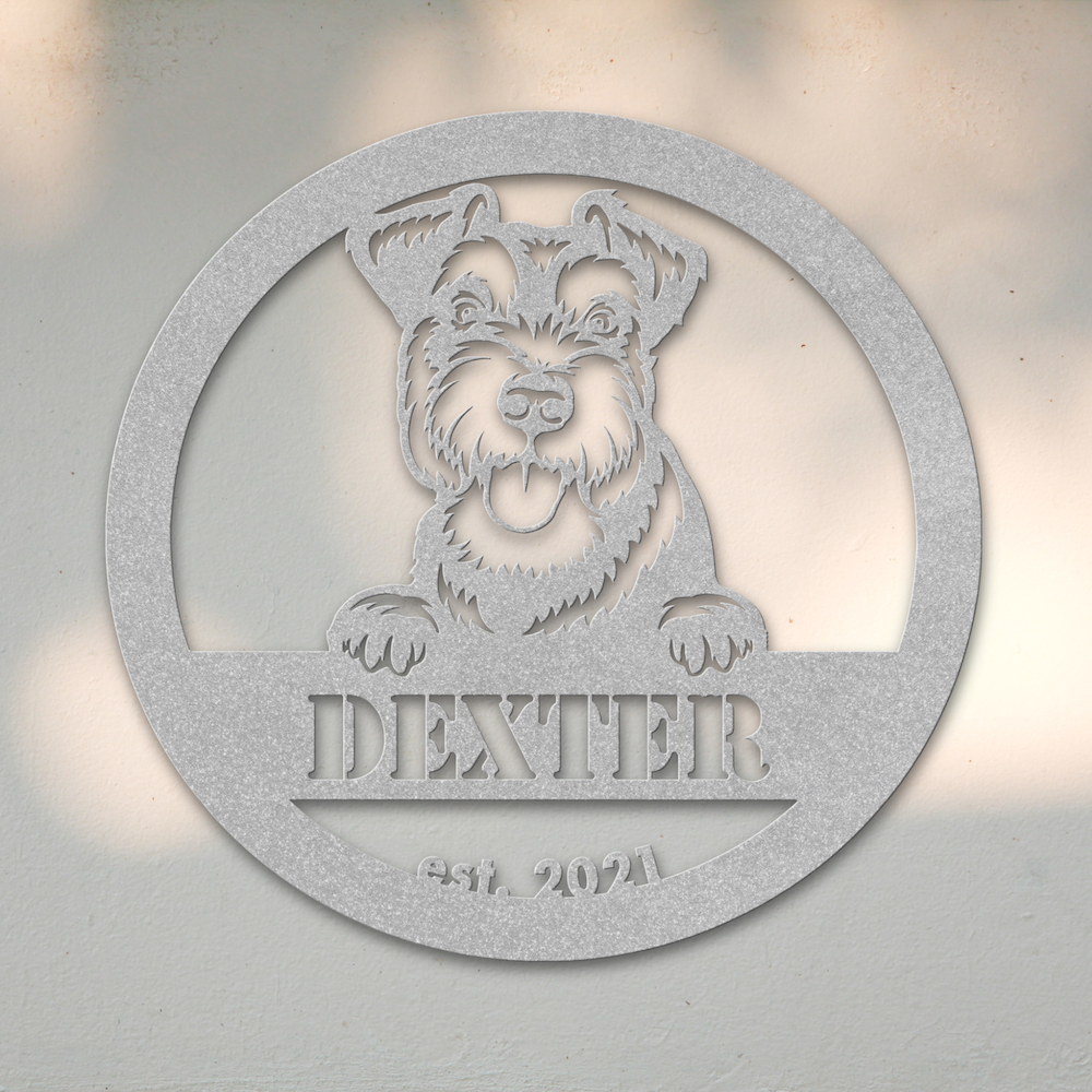 Miniature Schnauzer (Silver) | Shop Personalized Metal Dog Signs | Roscoe & Charlie