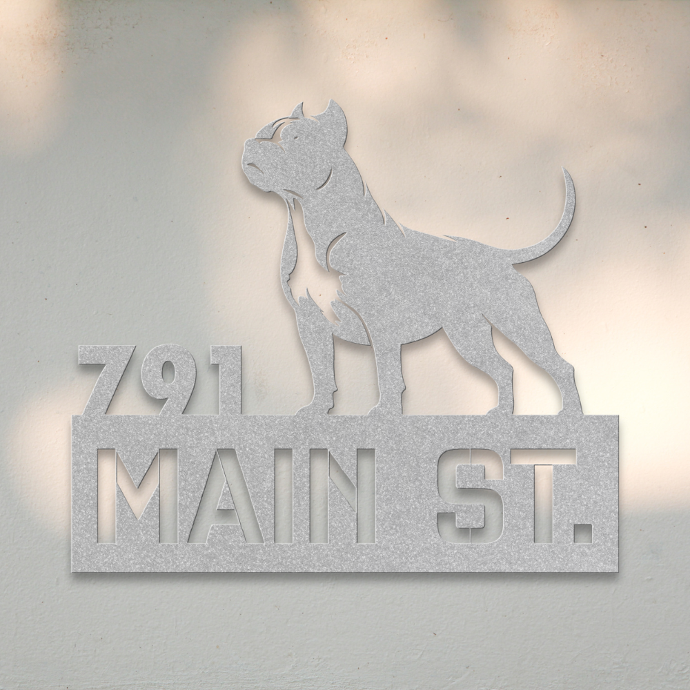 Pit Bull Terrier Metal Address Sign (Silver) | Shop Dog Wall Art & Gifts for Dog Lovers | Roscoe & Charlie