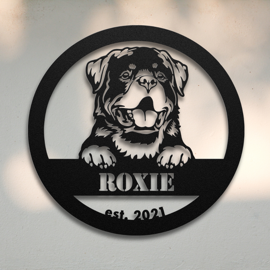 Rottweiler (Black) | Shop Personalized Metal Dog Signs | Roscoe & Charlie