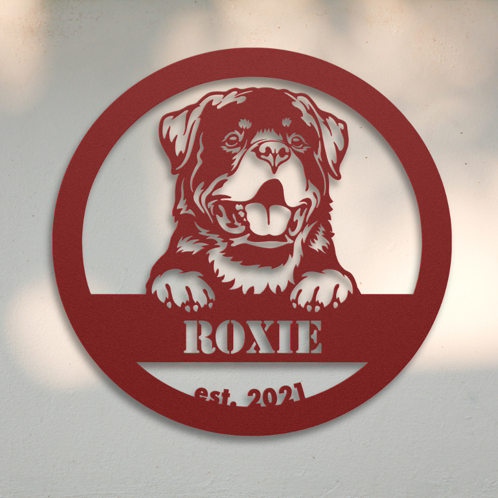 Rottweiler (Black) | Shop Personalized Metal Dog Signs | Roscoe & Charlie