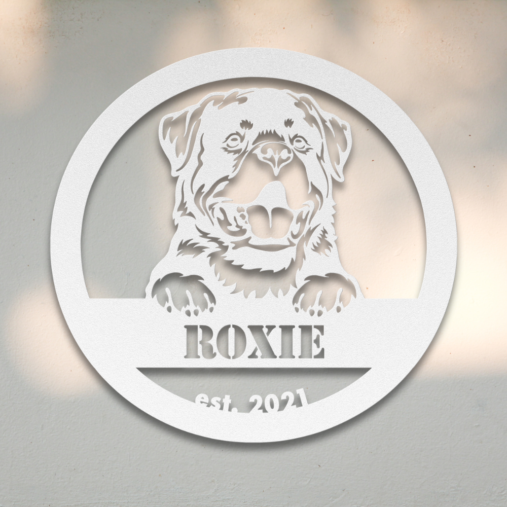 Rottweiler (Black) | Shop Personalized Metal Dog Signs | Roscoe & Charlie